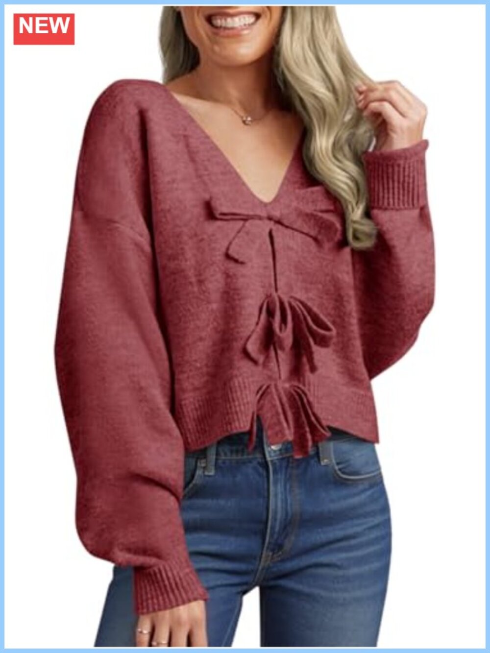 Womens Bow Sweater Cropped V Neck Long Sleeve Pullover Top